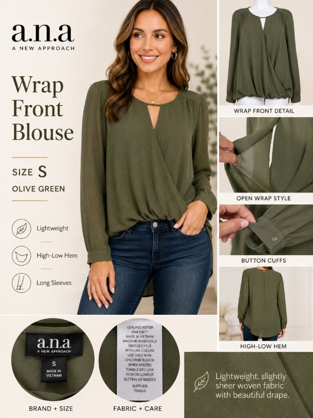 a.n.a Olive Green Wrap Front Blouse Women’s S Long Sleeve High-Low Hem Lightweig